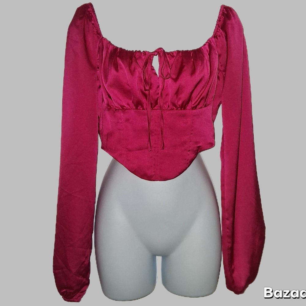 Satin‎ Corset Top Long Sleeve Tie Front Blouse Party Clubwear